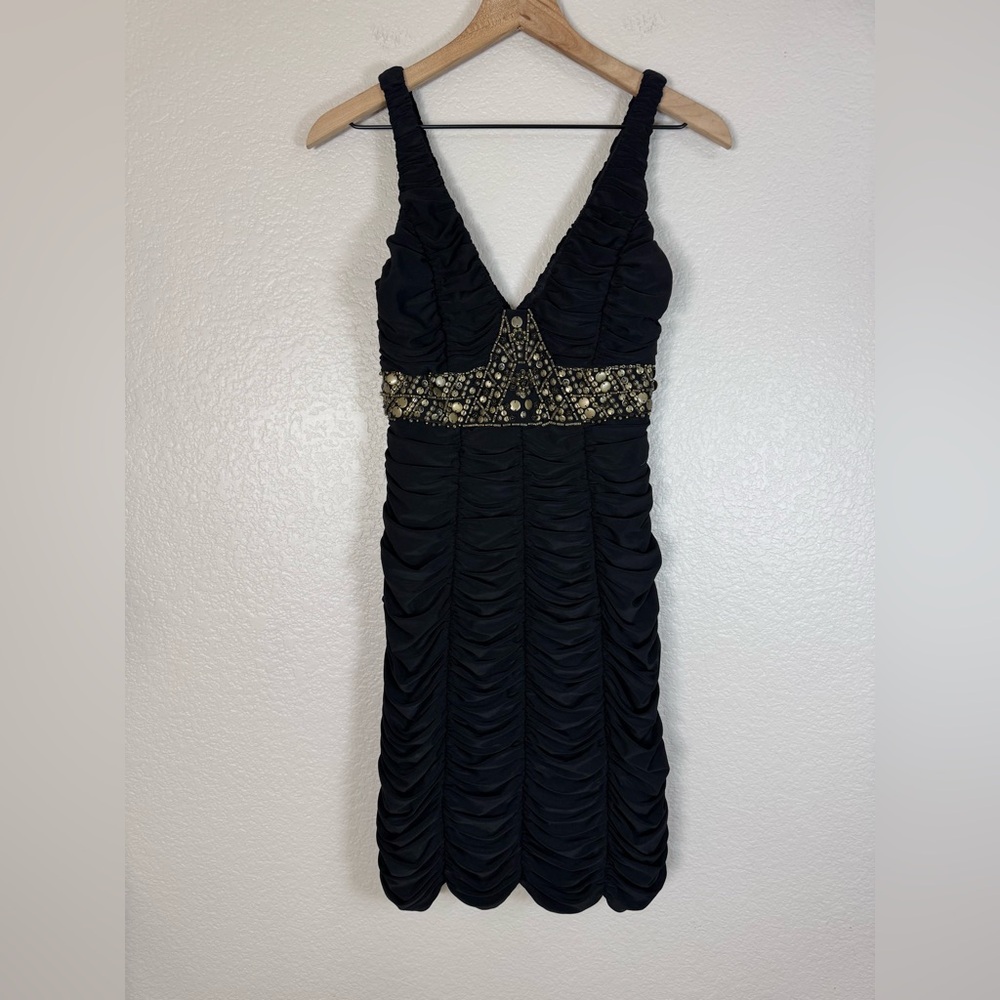 Vintage Sue Wong Nocturne Black Ruched Beaded Mini Dress size 8